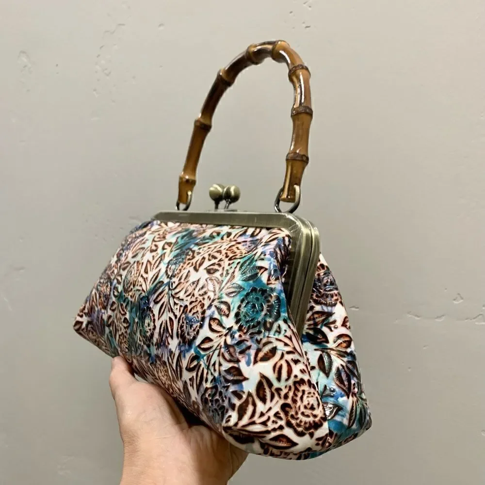 Handmade Genuine Leather Floral Embossed Real bamboo Handle Satchel/Crossbody